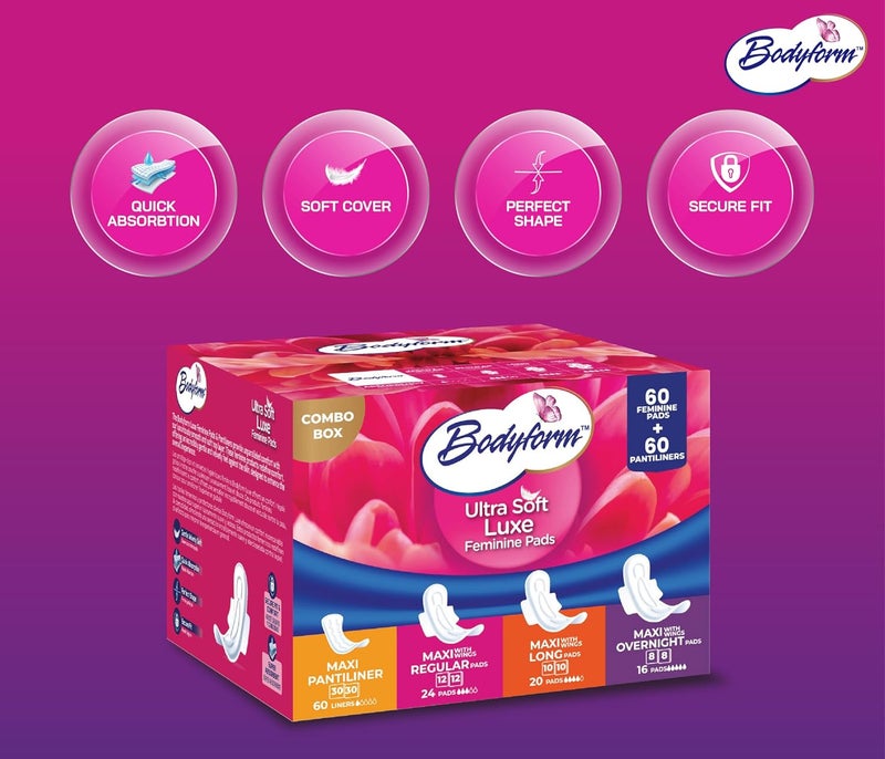 Bodyform Luxe Feminine Care Value Combo Pack, 120 Count (60 Ultra-Soft Pads + 60 Gentle Pantyliners), Variety Pack, Cushion-Soft & Ultra-Absorbent, Daily Freshness & Protection - Image 2